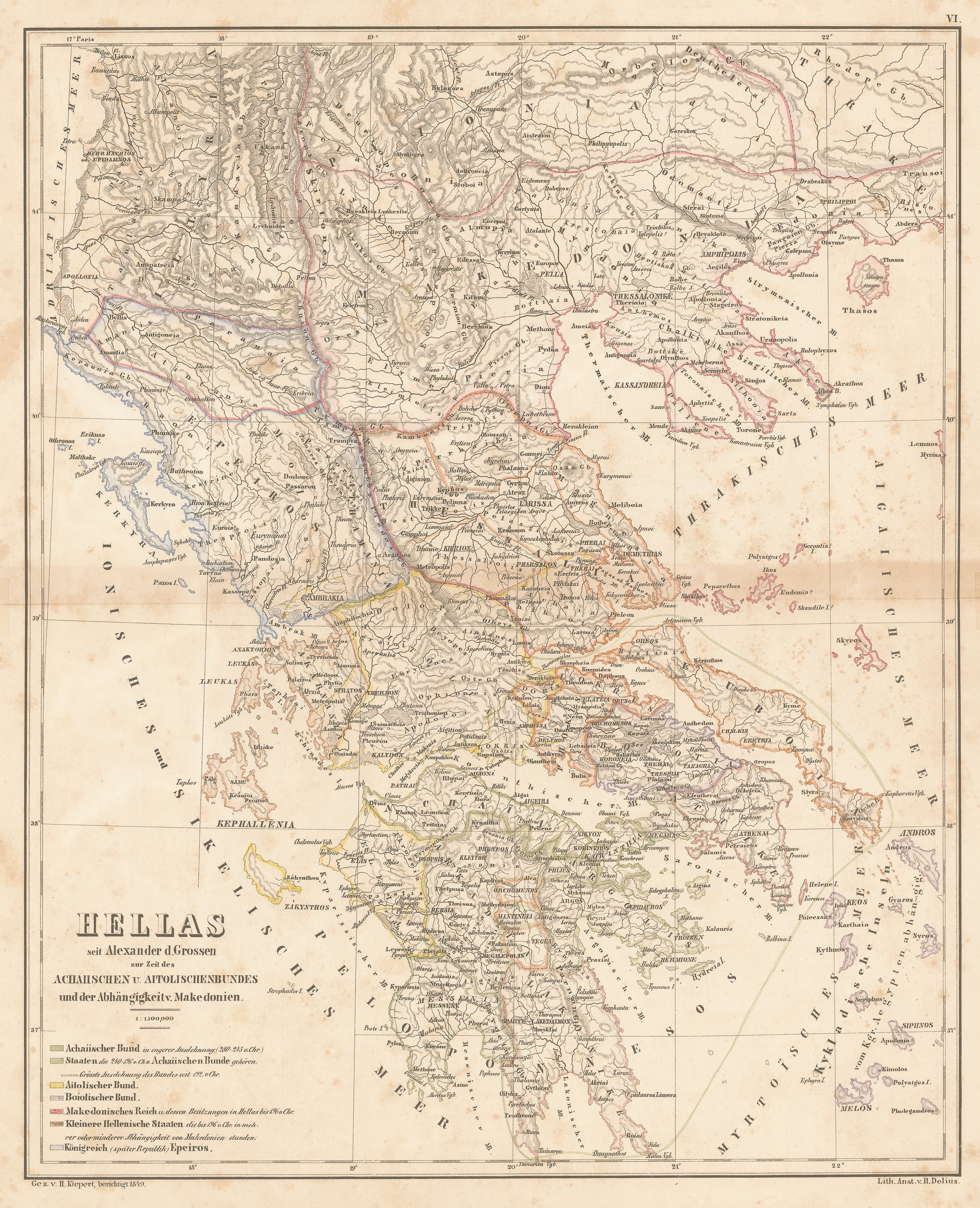  HEINRICH KIEPERT. ΒΕΡΟΛΙΝΟ 1849.Χάρτης της Ελλάδος κατά την εποχή του Μεγάλου Αλεξάνδρου. Ο μεγάλος χαρτογράφος ξεχωρίζει τα όρια της ελληνικής Μακεδονίας από την Παιονία, όπου ζούσαν θρακικοί λαοί, οι οποίοι δεν μιλούσαν την αιολοδωρική διάλεκτο των Μακεδόνων.